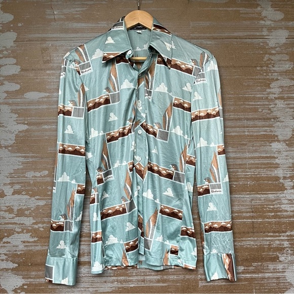 VINTAGE Roland 1970s Disco Shirt Road Runner Western Rodeo Americana Mens S - Picture 1 of 7